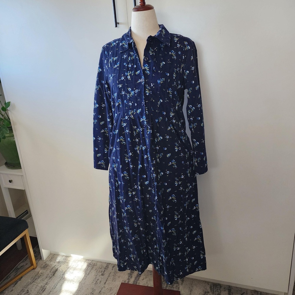 M dark navy blue corduroy dress 90s vintage collared button front shirt dress - Picture 2 of 10